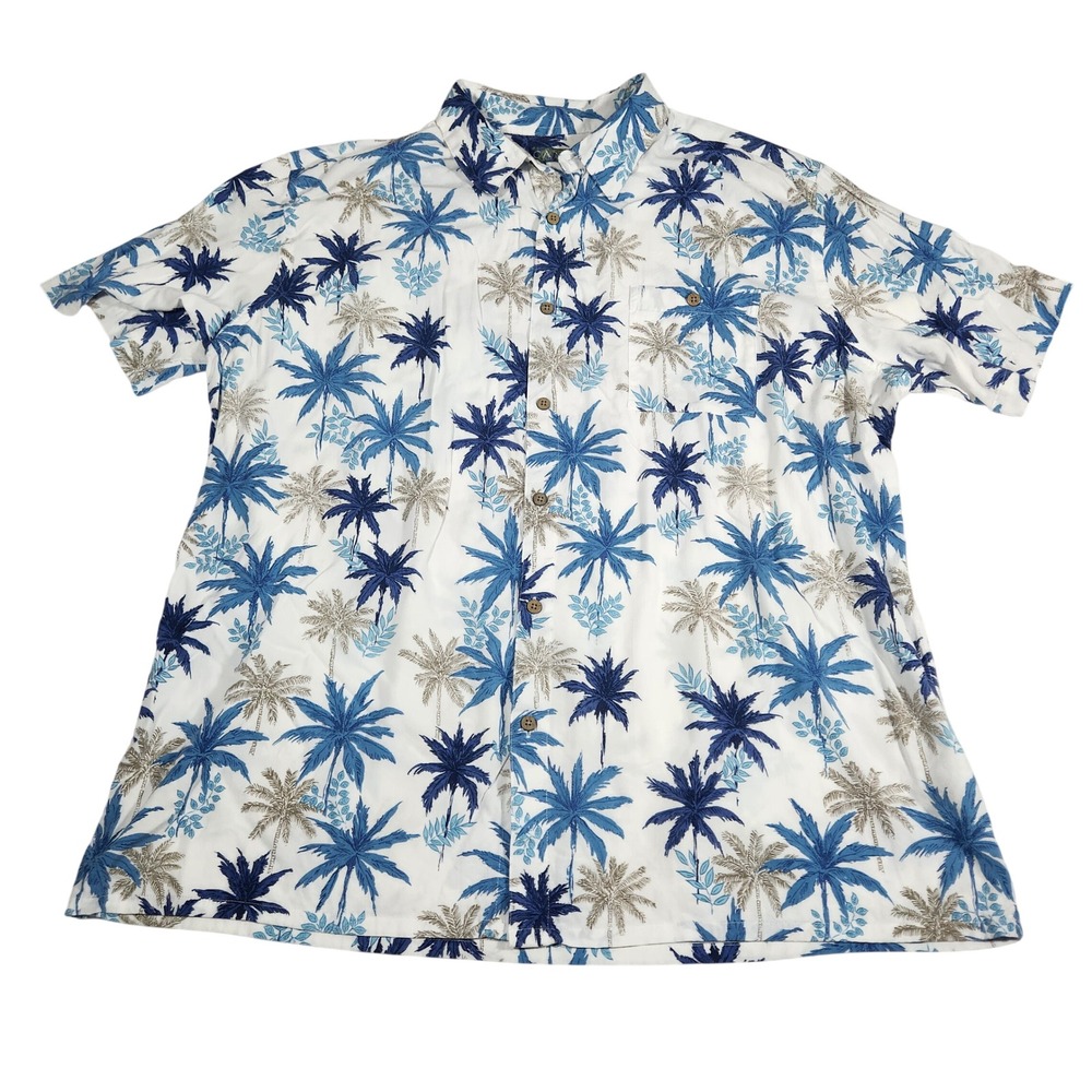 Campia Moda Hawaiian‎ Shirt Mens XL White Blue Rayon Palm Tree Tropical Aloha - Picture 2 of 10